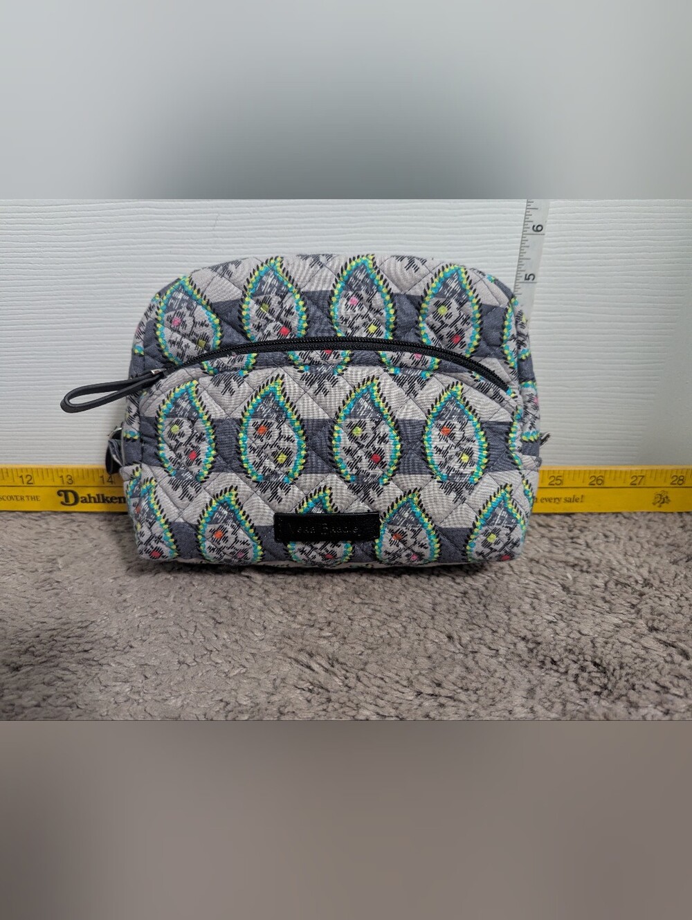 Vera Bradley Quilted Gray Cosmetic Pouch with Teal & Pink Accents